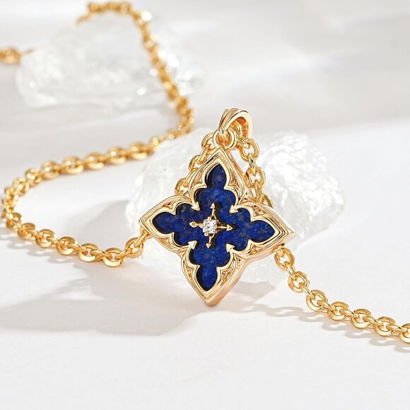 Gold Clover Necklace Women Dainty 14K Gold Dark Blue Pendant Adjustable Chain - Picture 4 of 7